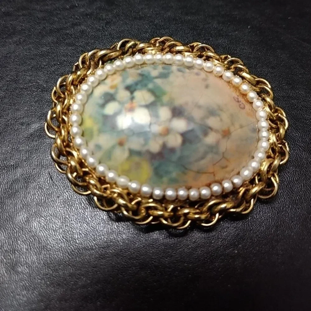 Handmade vintage painted egg brooch